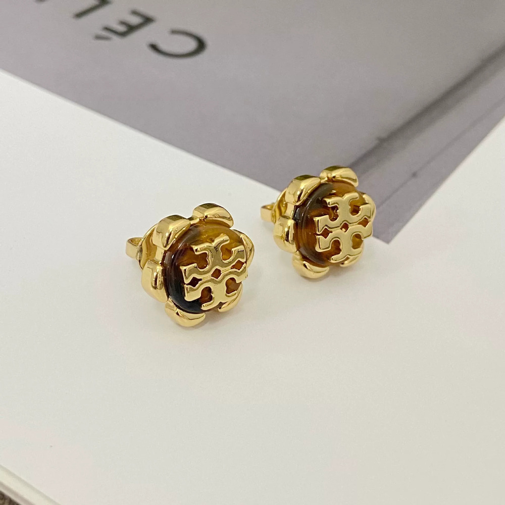 Tory Burch Inlaid Letter Flower Stud Earrings